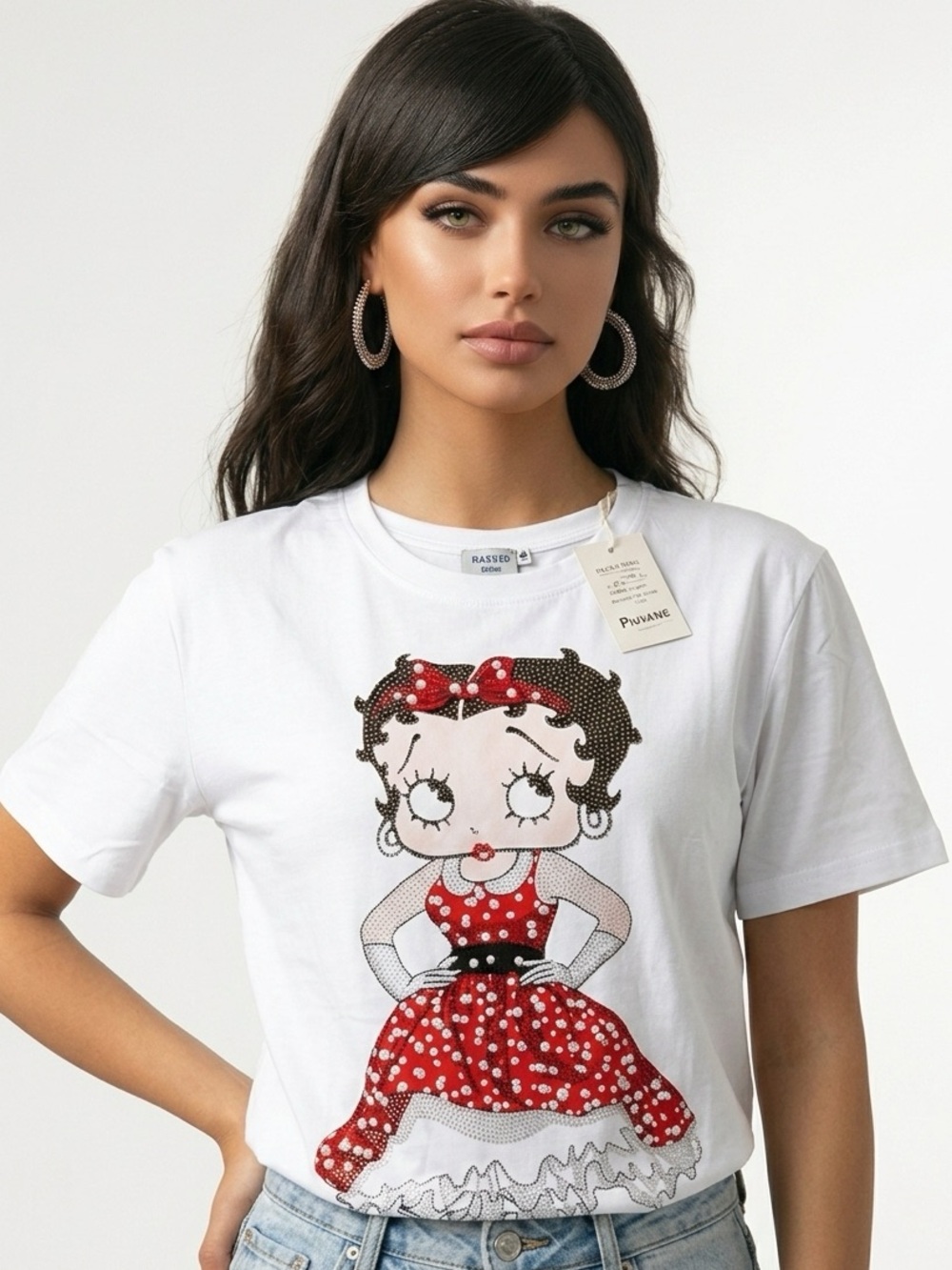 BLING Betty Boop Graphic Tee Womens LARGE / XL White Rhinestone Beaded Crew Neck - Picture 4 of 7
